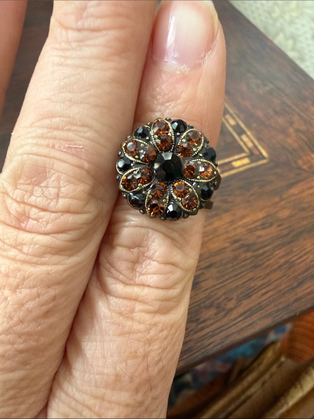 Mariana Black and Amber Antique Gold Plate Crystal Floral Ring